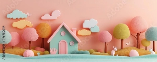 Fototapeta A whimsical, colorful scene featuring a cute house, fluffy trees, and playful clouds, evoking a cheerful, imaginative landscape.
