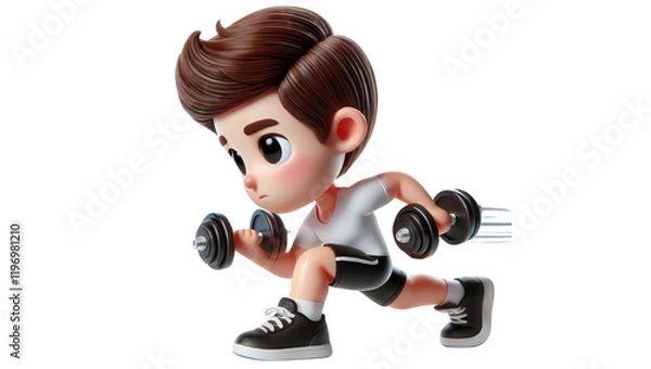 Fototapeta Dynamic young athlete training with dumbbells indoor gym cartoon style focused energy