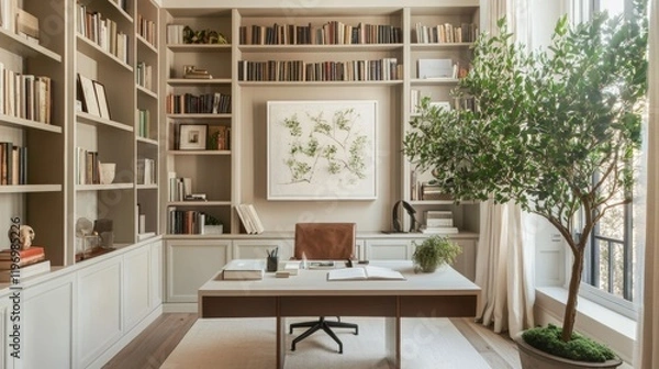 Fototapeta A serene home office with built-in bookshelves and greenery. 