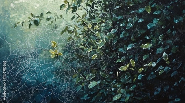 Fototapeta Delicate cobweb covered in dew drops, resting on forest plants.

