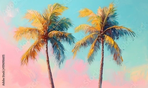 Fototapeta An acrylic painting of two palm trees in pastel tones, styled in fauvism with soft golden hour lighting
