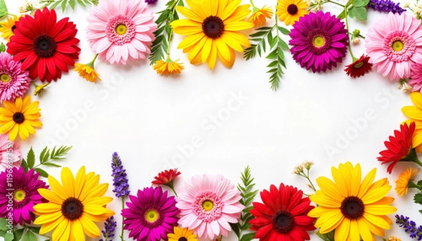 Fototapeta Colorful flower garland creation on white background, joyful spirit