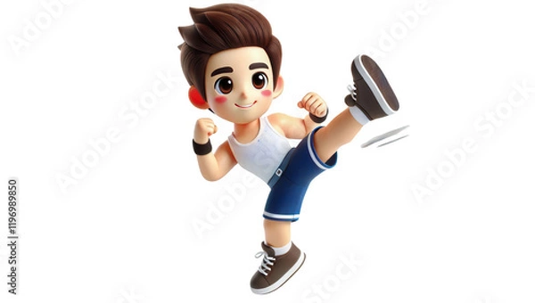 Fototapeta Energetic boy kicking in a cartoon style colorful background digital illustration fun vibes