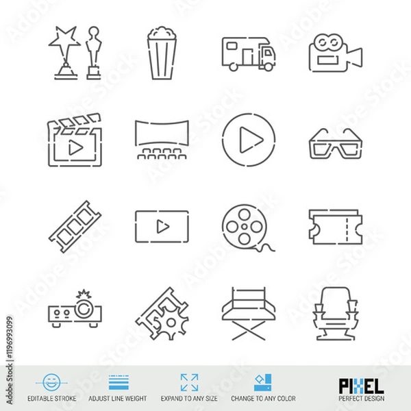 Obraz Cinema, movie theater related vector line icon set isolated on white. Pixel perfect design. Editable stroke. Adjust line weight. Expand to any size. Change to any color.