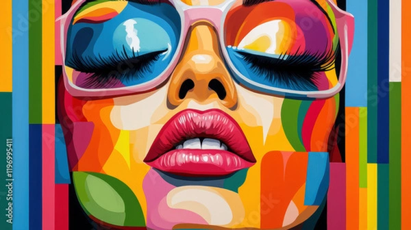 Fototapeta Person pop art style, A striking frontal portrait of a woman featuring bright colors in high fidelity, suitable for various commercial applications and artistic projects.