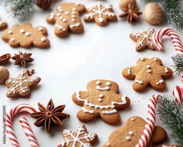 Fototapeta Festive Gingerbread Cookies Decorated with Icing and Surrounded by Spices, Candy Canes, and Holiday Ornaments on a Bright Background