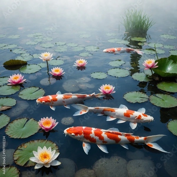 Fototapeta A koi pond with cA pond with blossoming water lilies, the white background enhancing their beauty.olorful fish, surrounded by stones, and a soft white gradient background.