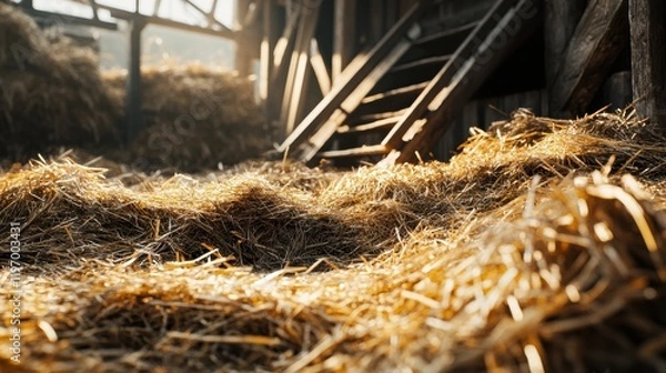 Fototapeta Sunlit Barn Interior with Straw on Floor and Stairs in Background