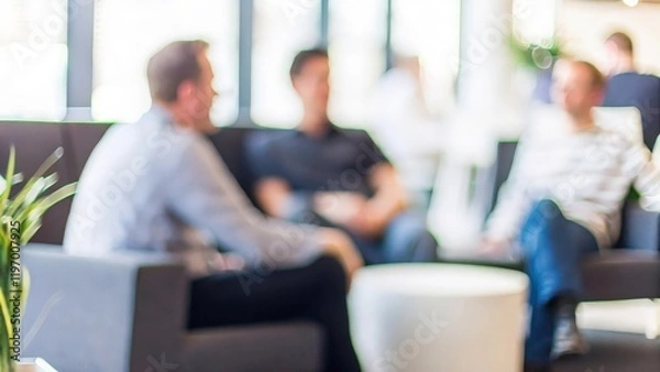 Fototapeta Coffee Break Blur: Blurred background of a relaxed office corner with team members chatting.	
