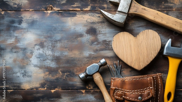 Obraz A flatlay displaying a tool belt, hammer, nails, and a small wooden heart, with room for a Father's Day message on one side