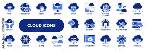 Fototapeta Set of vector solid icons related to cloud computing technology, ai, machine learning and big data. Symbols for website or app ui, logo design, illustration