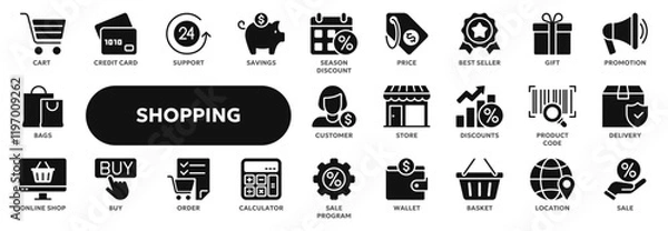 Fototapeta Set of vector solid icons related to shopping, e-commerce, retail store. Symbols for website or app ui, logo design, illustration