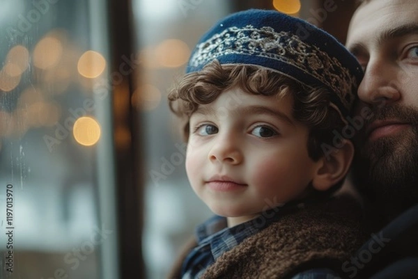 Fototapeta Back view of kid with yarmulke and his father at home during Hanukkah. Generative AI
