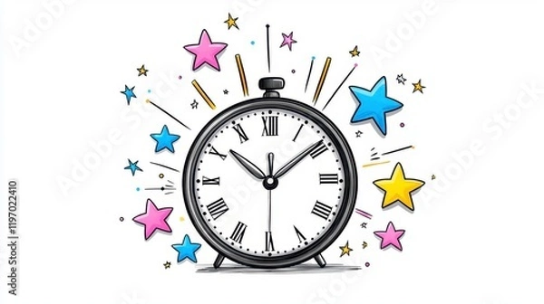 Fototapeta A simple line art drawing of a clock surrounded by stars and sparkles.