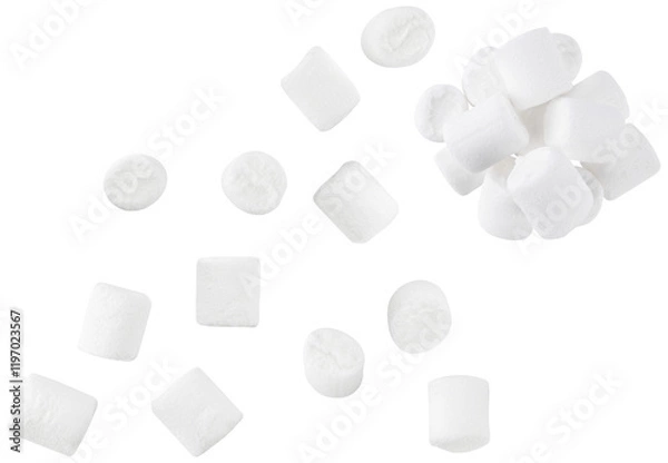 Obraz Scattered pile white mini marshmallows isolated on a transparent background. Completely in focus. Top view.