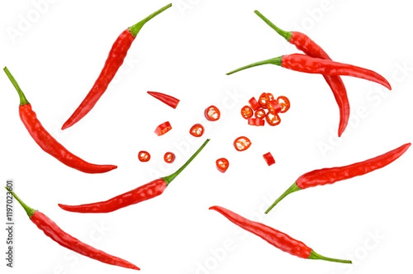 Obraz Scattered collection ripe red hot chili peppers Thai and sliced, isolated on a transparent background. Top view.