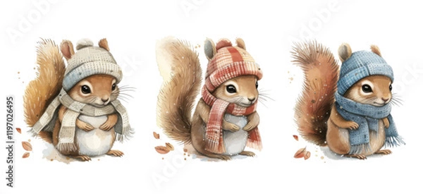 Fototapeta Cute cartoon winter squirrel wearing a scarf and beanie vector illustration isolated on white background