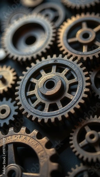 Fototapeta Interlocking industrial gears working together in a complex system