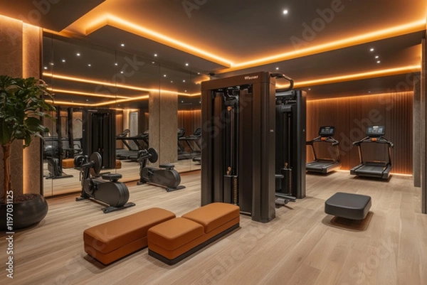 Fototapeta This luxury fitness center showcases stylish decor with ambient lighting, highlighting advanced workout machines and spacious areas for exercise, ideal for fitness enthusiasts.