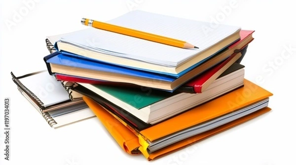 Fototapeta Stack of books, notebooks, and pencil.