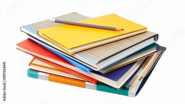 Fototapeta Stack of colorful books and a pencil on top.
