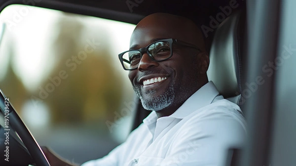 Obraz Happy black truck driver in the truck with copy space