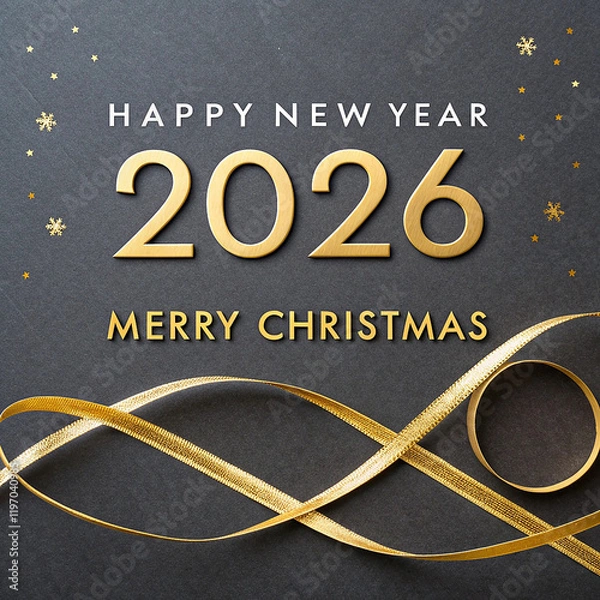 Obraz Celebrate the Happy New Year 2026 Text golden text on dark gray background merry christmas gold