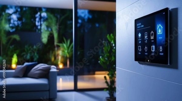 Obraz Modern Smart Home Technology: Touchscreen Control Panel in Sleek Interior Setting