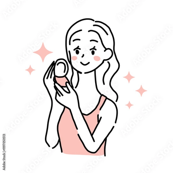 Fototapeta Minimalist duotone illustration of a beautiful young woman smiling and looking at the mirror. Simple kawaii line art.