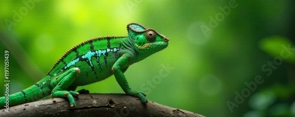 Fototapeta Sleek green panther chameleon perched on tree branch, tree, vibrant scales
