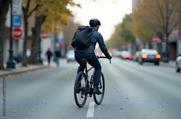 Fototapeta Man Riding Bicycle to Work on Urban Street. A man wearing a dark jacket, helmet, and backpack rides a bicycle down an urban street lined with trees and cars during his commute to work.