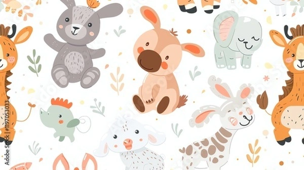 Fototapeta A seamless pattern with various animal faces in a colorful design.