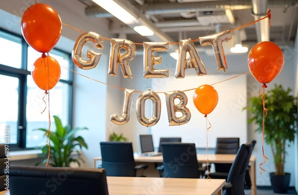 Fototapeta Employee Appreciation Day: Office Celebration. A decorated office features silver balloon letters spelling "GREAT JOB," with vibrant orange balloons celebrating Employee Appreciation Day.