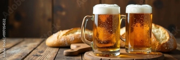 Fototapeta Two wooden Maßkrüge on a wicker table, with crusty bread and cold beer glasses in the background, rural, beers