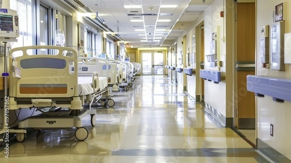 Obraz Desolate hospital hallway with empty patient beds and dim lighting, symbolizing financial struggle, closure, and healthcare challenges in modern society.