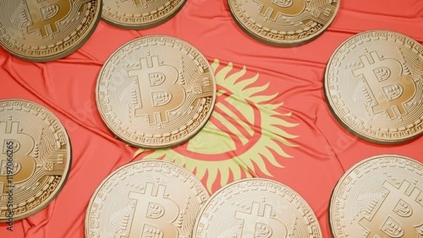 Obraz Several bitcoins are laid out on the flag of Kyrgyzstan