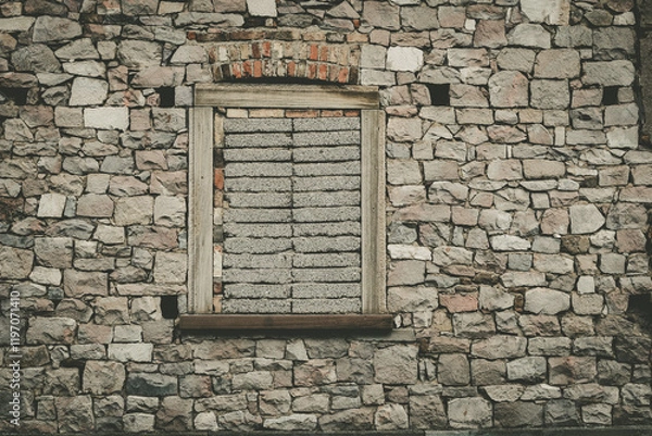 Fototapeta Stone wall with boarded window showcasing aged textures and rustic charm in an abandoned setting