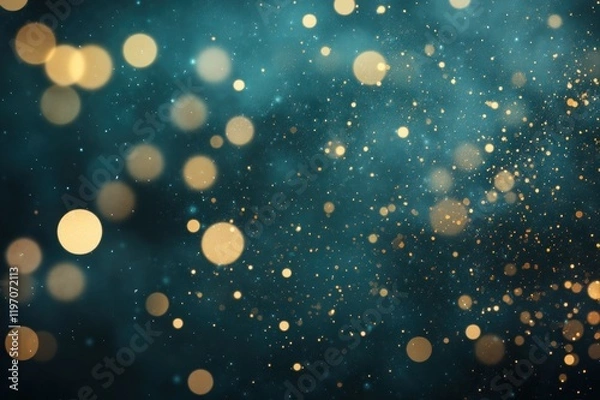 Fototapeta Magical golden bokeh on teal background: abstract light sparkle and festive glow