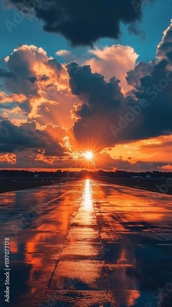 Obraz Runway sunset reflection, vibrant sky