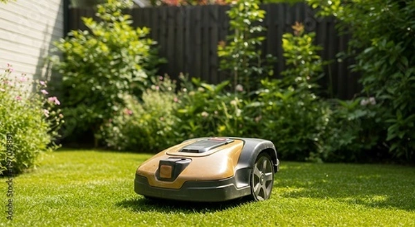 Fototapeta Robotic lawn mower working on a bright afternoon in a residential garden surrounded by greenery
