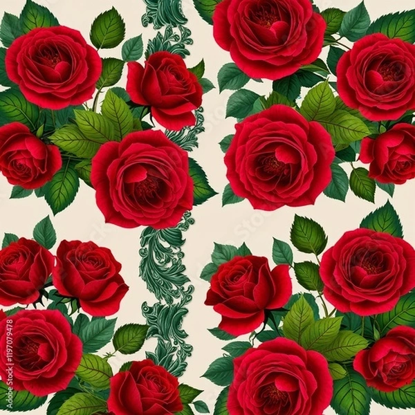 Fototapeta Bright red roses with green leaves arranged into intricate floral border frames