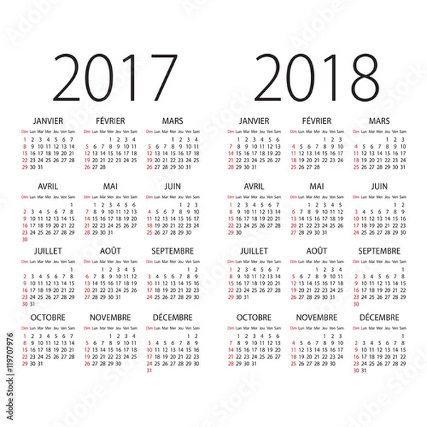 Fototapeta 2017 and 2018 years french language vector calendar.