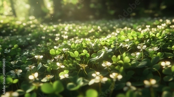 Fototapeta A lush field of clover with tiny white flowers blooming.