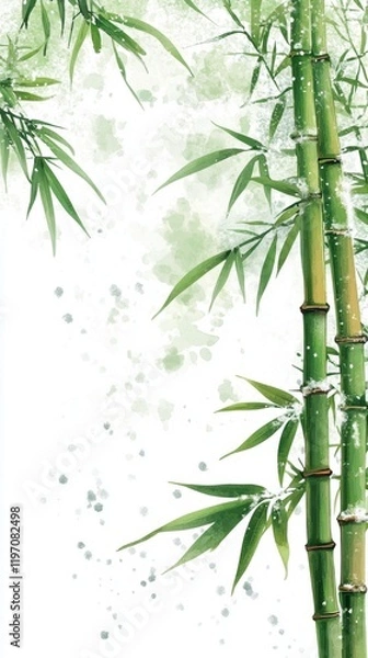 Obraz Bamboo, with light snow drifting in the sky, Chinese ancient style illustration, watercolor painting, bright colors, white background
