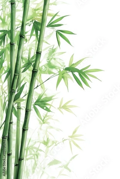 Obraz Bamboo, with light snow drifting in the sky, Chinese ancient style illustration, watercolor painting, bright colors, white background