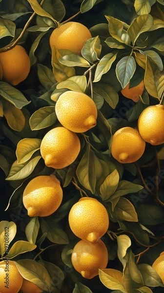 Fototapeta Ripe lemons on a tree branch, orchard background.  Food, recipe, website use