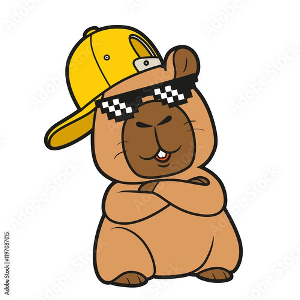 Obraz Cute cartoon capybara in a cap and sunglasses on white background