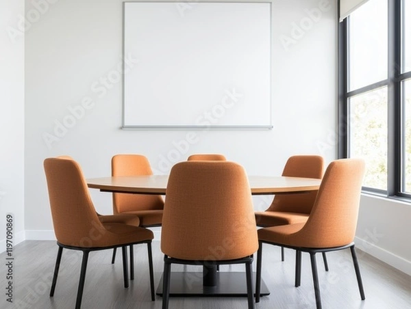 Fototapeta Empty round table and orange chairs in a bright meeting room promoting open communication