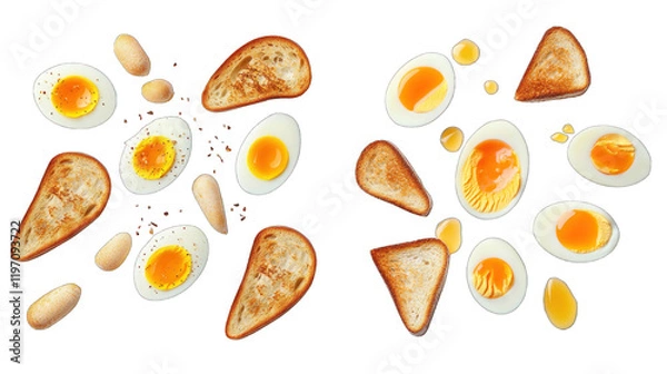 Fototapeta Two plates of toast with eggs and peanut butter