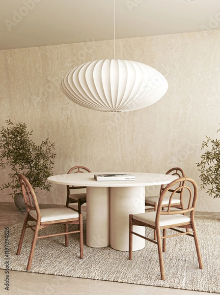Fototapeta A Modern Minimalist Dining Room Featuring Stylish Lighting That Enhances the Ambiance